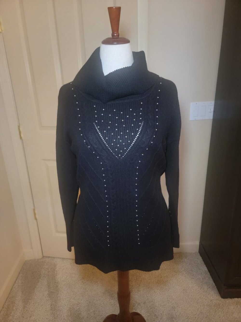 EUC! BIANCA NYGARD BLACK COWL NECK LONG SLEEVE, JEWEL EMBELLISHED SWEATER-SIZE M